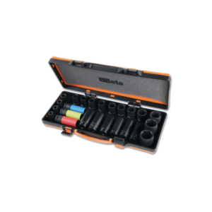 Serie di 24 chiavi a bussola Macchina con attacco quadro femmina 1/2" fosfatate, in cassetta di lamiera