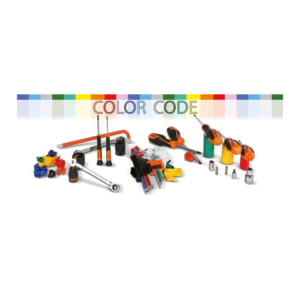 Serie di 13 chiavi a bussola colorate con attacco quadro femmina 1/2" fosfatate, in cassetta di lamiera