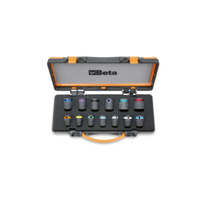 Serie di 13 chiavi a bussola colorate con attacco quadro femmina 1/2" fosfatate, in cassetta di lamiera