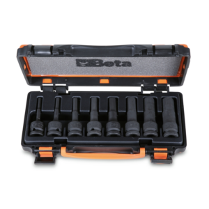 Serie di chiavi a bussola maschio esagonale con quadro femmina 1/2" fosfatate, in cassetta di lamiera